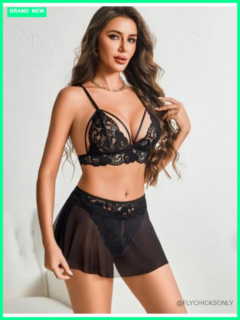Sheer Lace 3 Piece Lingerie Skirt Set with Thong - Picture 3 of 6